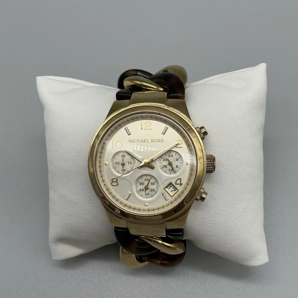 Michael Kors MK-5222 Womens Watch 38mm Gold Tone Faux Tortoise New Battery 8